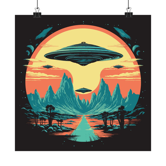 UFO Fleet retro vintage art square matte art print with retro ufo sci-fi design