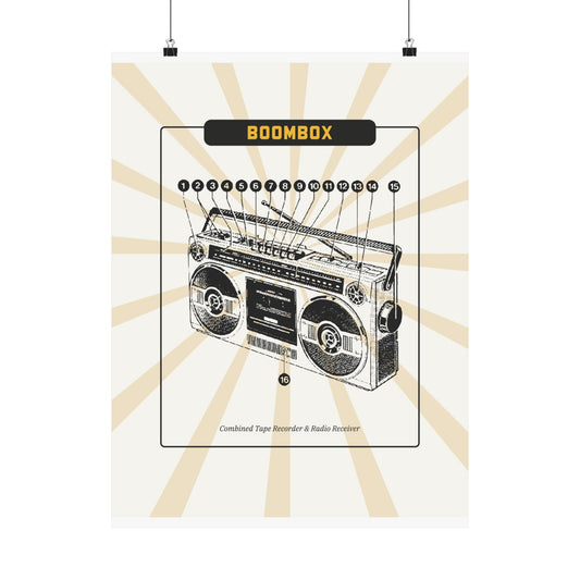 Boombox Blueprint schematic retro poster on cream sunburst ground