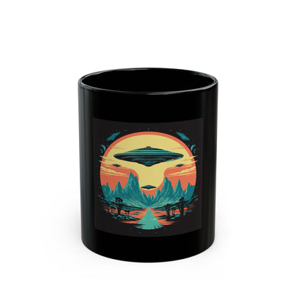 UFO Fleet retro vintage art black ceramic mug with retro ufo sci-fi design