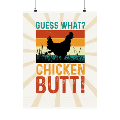 Guess What Chicken Butt retro poster with vintage sunburst background