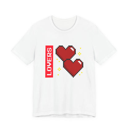 Lovers Press Start pixel hearts t-shirt with 8 bit retro gamer couple design on a white unisex tee