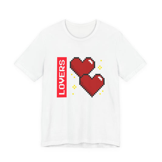 Lovers Press Start pixel hearts t-shirt with 8 bit retro gamer couple design on a white unisex tee