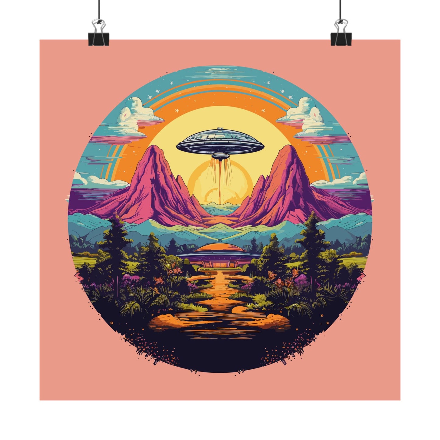 Rainbow Saucer retro vintage art square matte art print with retro space age ufo design