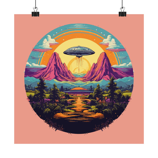 Rainbow Saucer retro vintage art square matte art print with retro space age ufo design