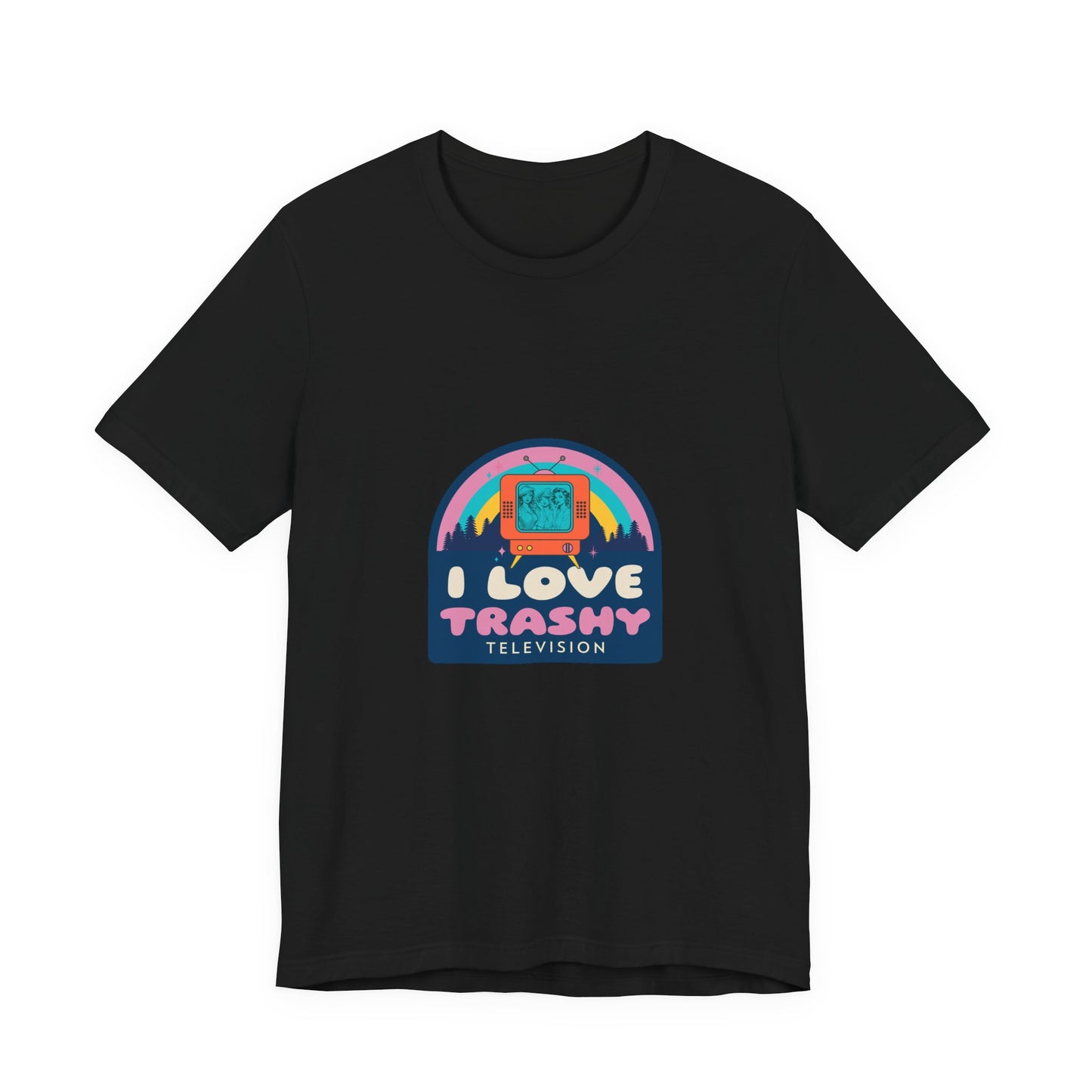 I Love Trashy Television funny retro TV t-shirt with rainbow badge design on a black unisex tee