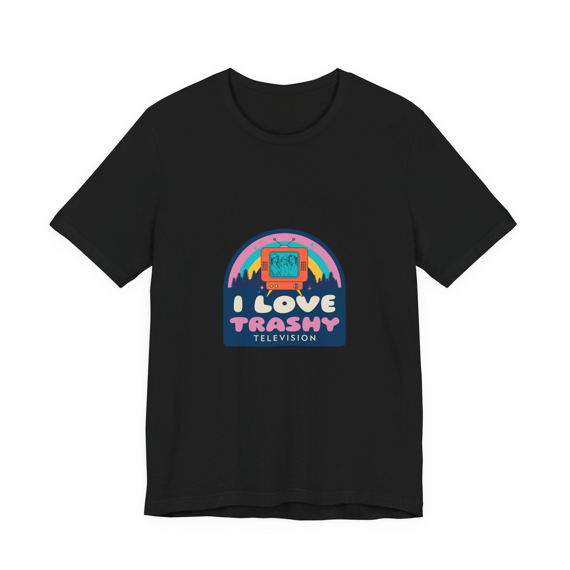 I Love Trashy Television funny retro TV t-shirt with rainbow badge design on a black unisex tee