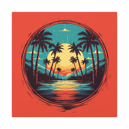 Palm Island retro vintage art gallery wrapped canvas print with retro palm sunset design