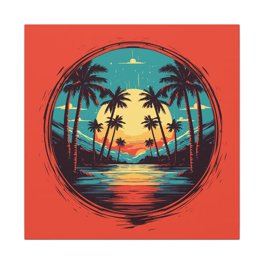 Palm Island retro vintage art gallery wrapped canvas print with retro palm sunset design