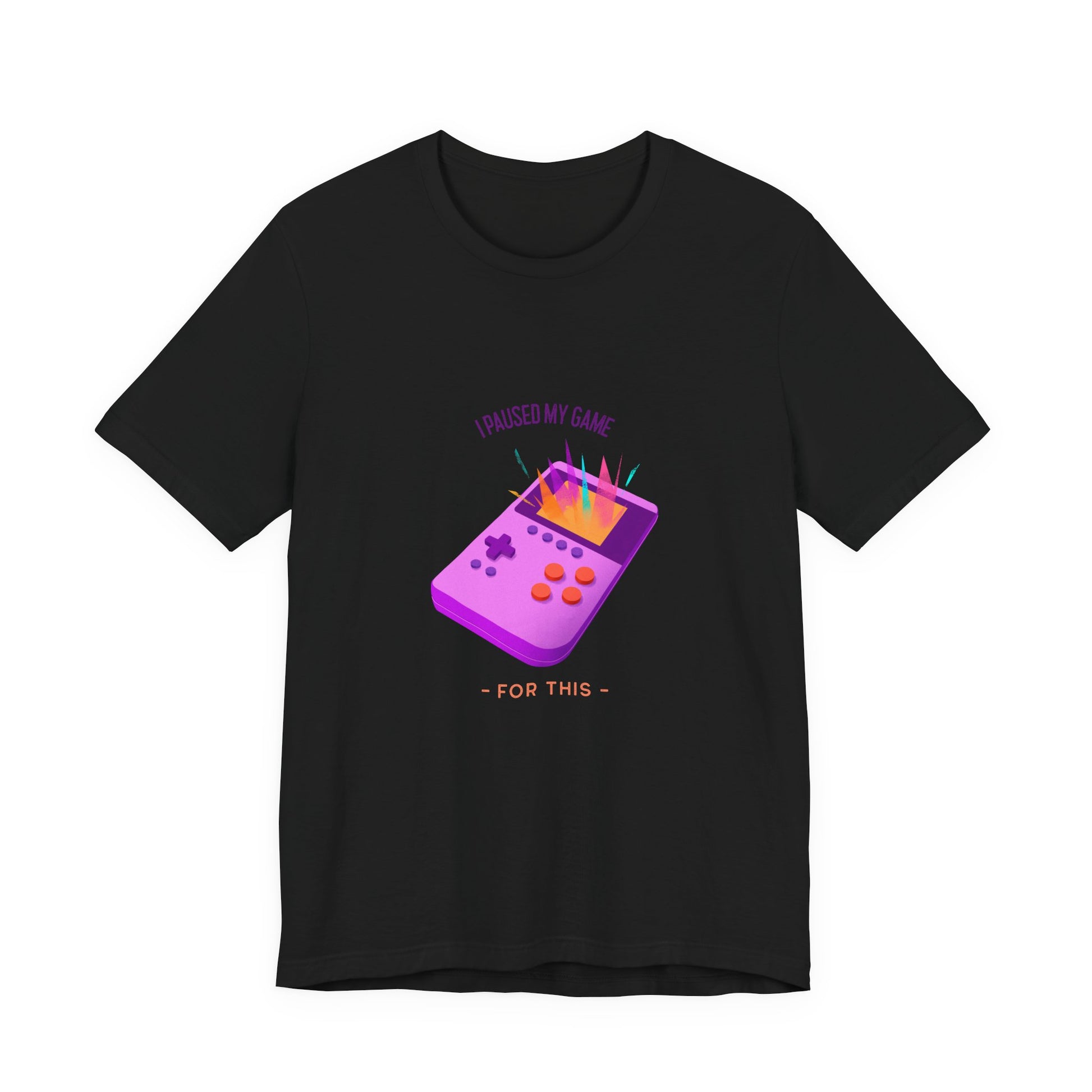 I Paused My Game For This funny gamer t-shirt with purple retro handheld design on a black unisex tee