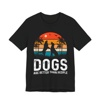 Dogs Are Better Than People beach sunset t-shirt with two howling dogs and palm trees on black