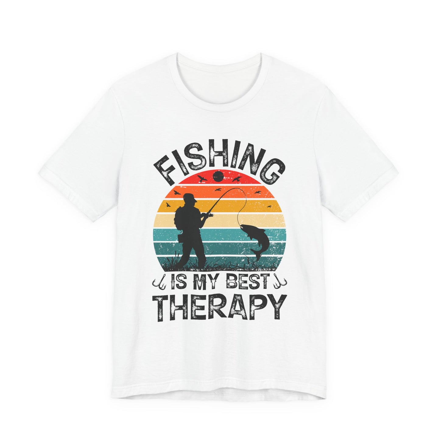 Fishing Is My Best Therapy retro sunset t-shirt with angler silhouette on a light unisex tee