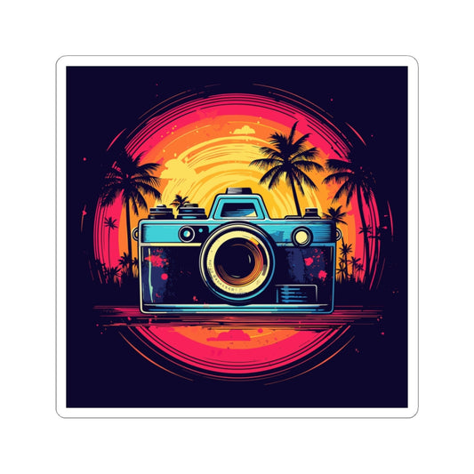 Retro Camera Sunset retro vintage art square vinyl sticker with vintage camera design