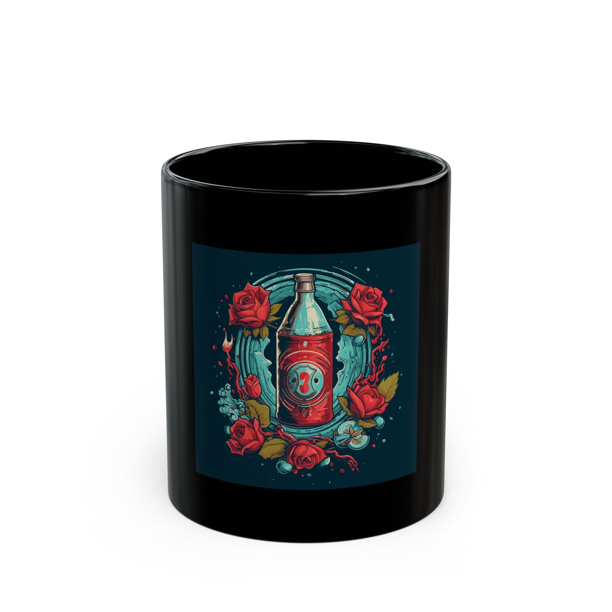 Soda & Roses retro vintage art black ceramic mug with vintage soda pop design