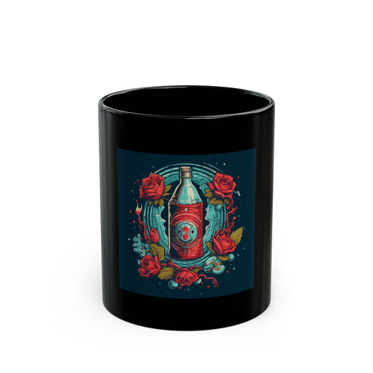 Soda & Roses retro vintage art black ceramic mug with vintage soda pop design