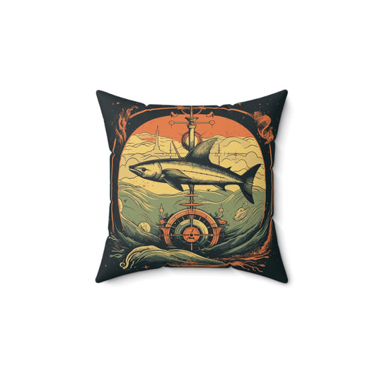 Shark Compass retro vintage art double sided throw pillow with nautical shark design