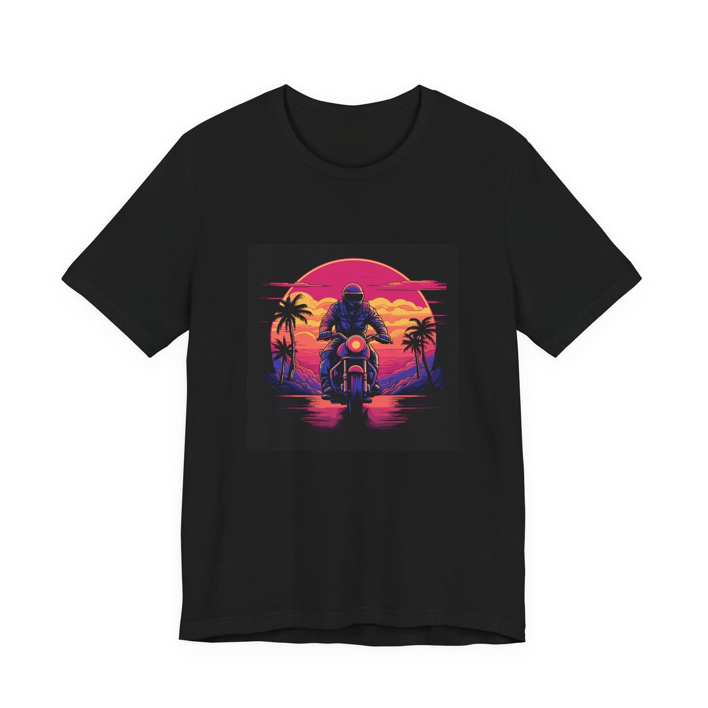 Midnight Rider retro vintage art unisex t-shirt with retro biker sunset design