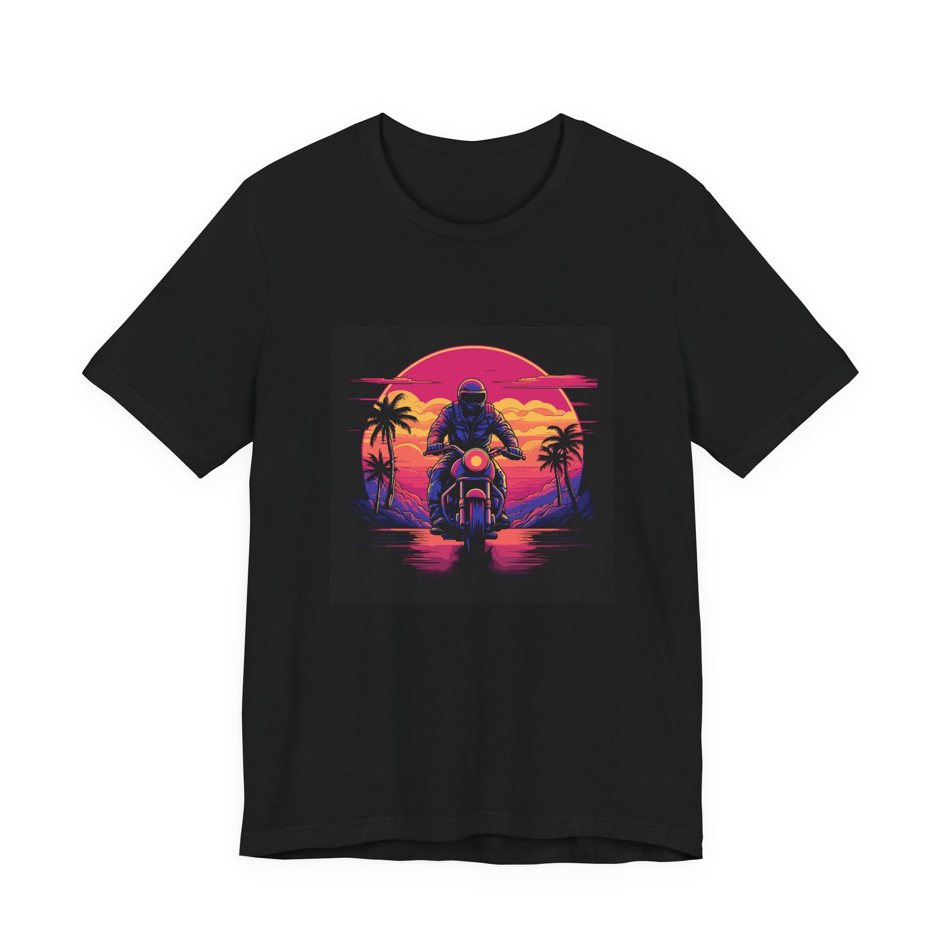 Midnight Rider retro vintage art unisex t-shirt with retro biker sunset design