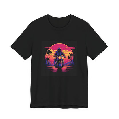 Midnight Rider retro vintage art unisex t-shirt with retro biker sunset design