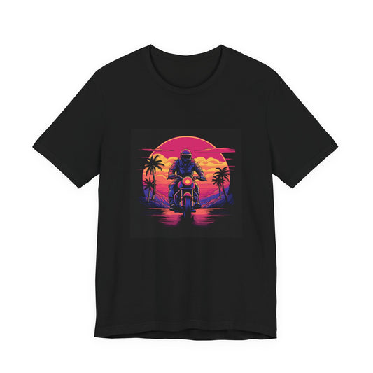 Midnight Rider retro vintage art unisex t-shirt with retro biker sunset design