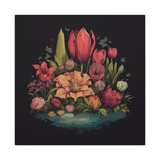 Tulip Garden retro vintage art gallery wrapped canvas print with vintage tulip floral design