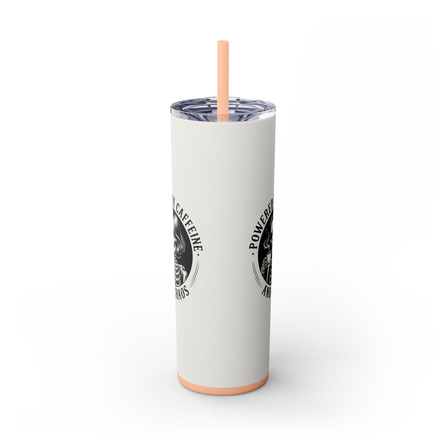 Powered by Caffeine and Chaos 20oz skinny tumbler with full wrap retro print