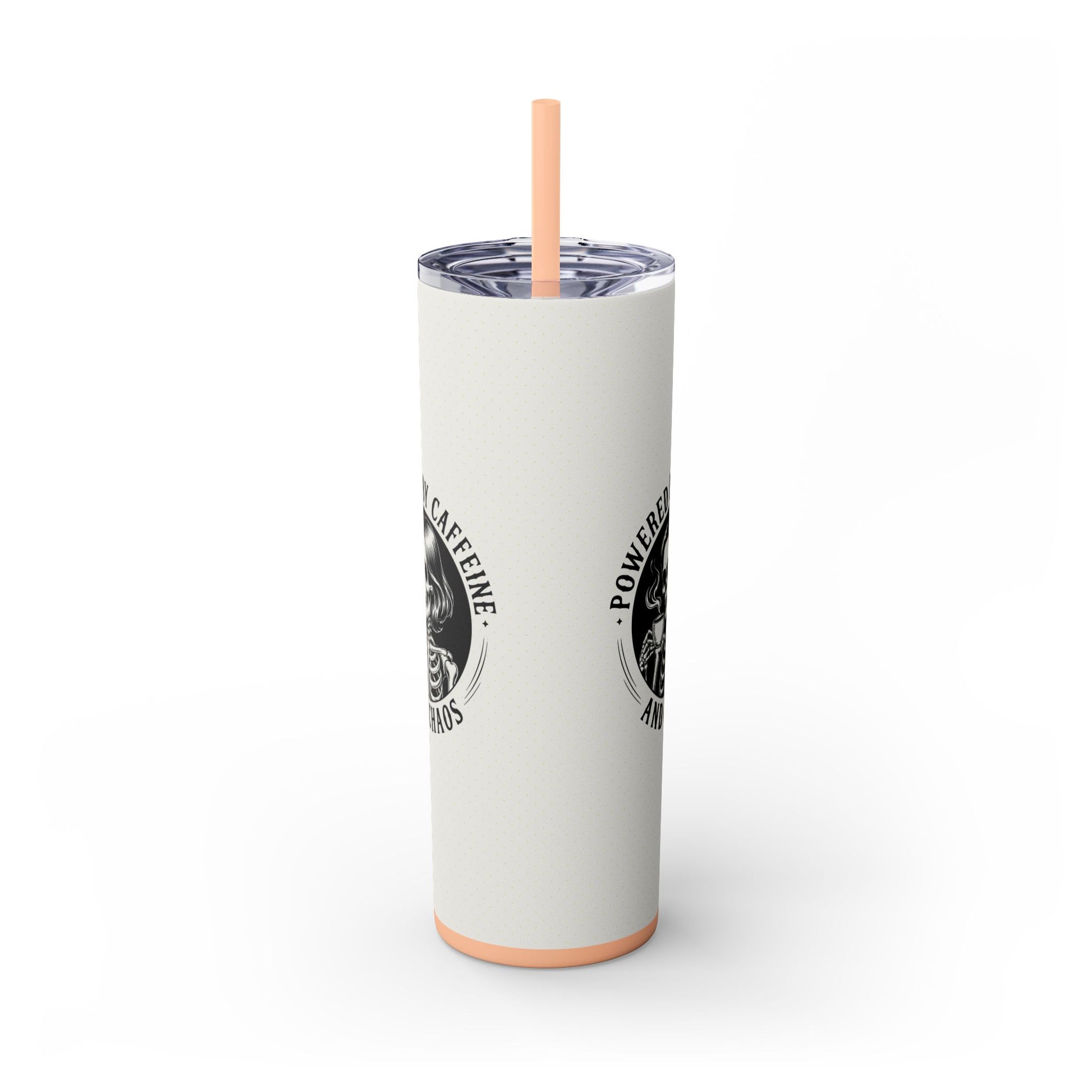 Powered by Caffeine and Chaos 20oz skinny tumbler with full wrap retro print