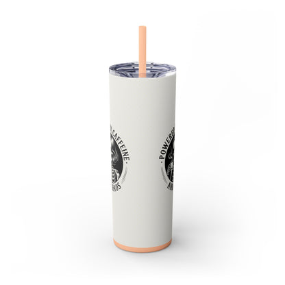 Powered by Caffeine and Chaos 20oz skinny tumbler with full wrap retro print