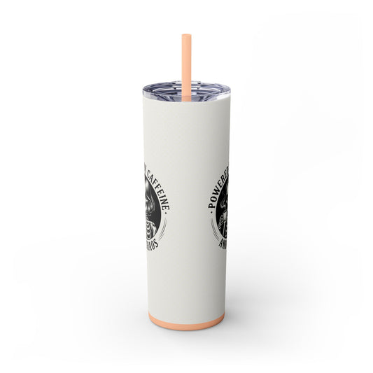 Powered by Caffeine and Chaos 20oz skinny tumbler with full wrap retro print