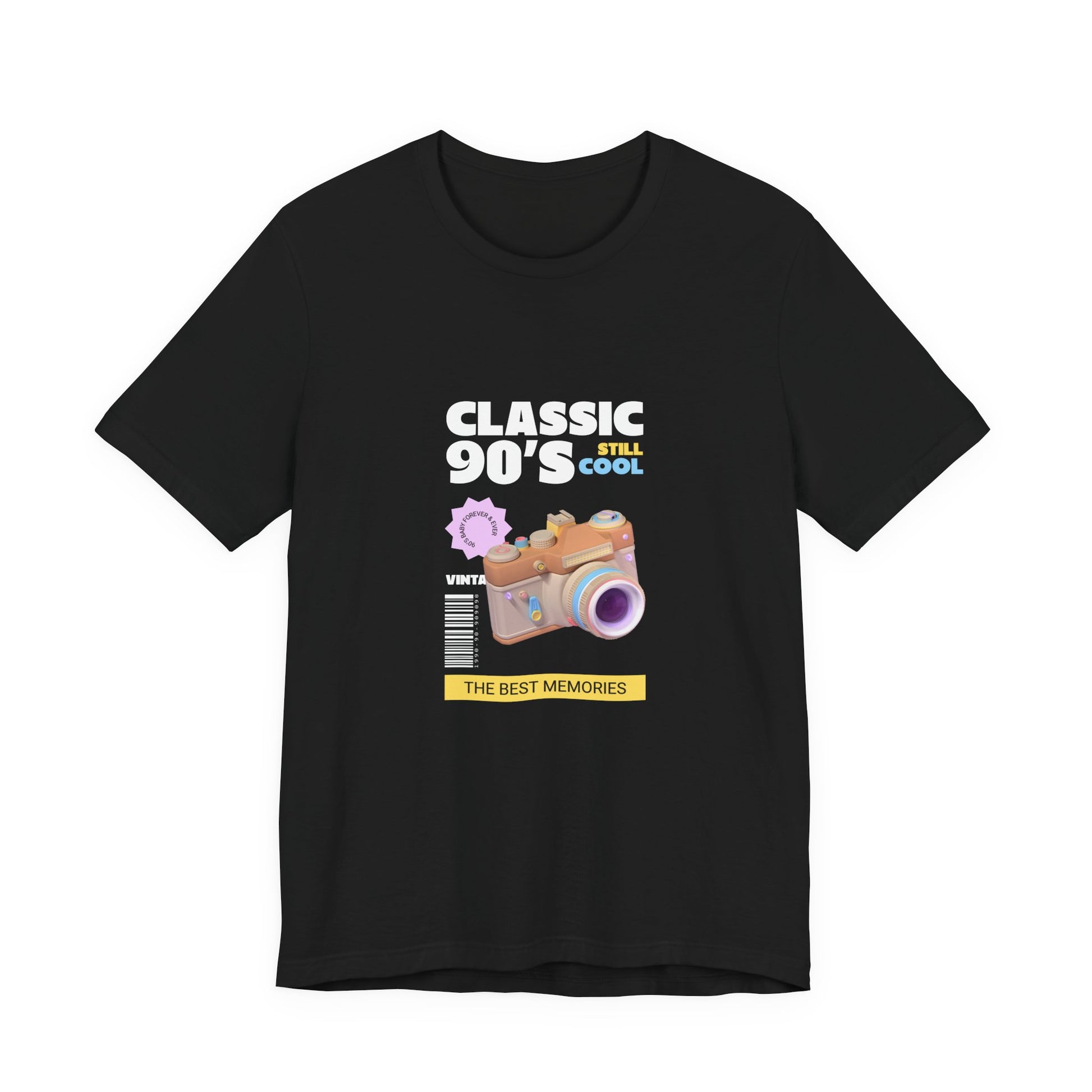 Classic 90s Still Cool pastel point and shoot camera t-shirt with retro film photography design on a black tee