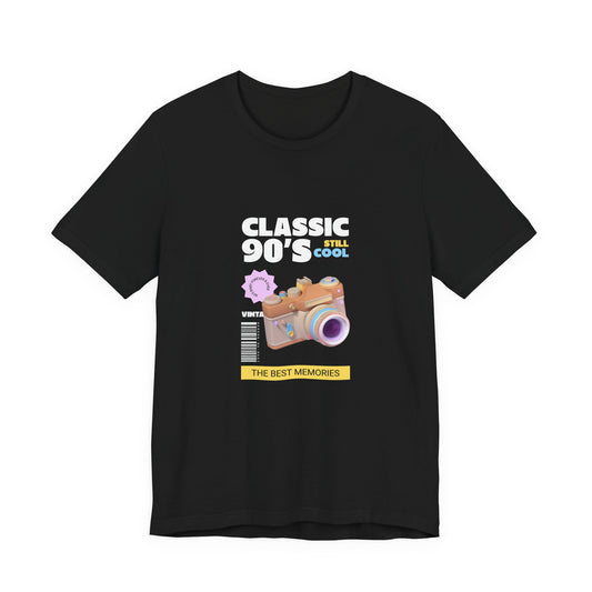 Classic 90s Still Cool pastel point and shoot camera t-shirt with retro film photography design on a black tee