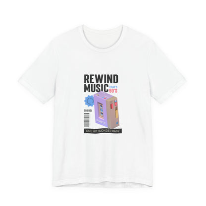 Rewind Music 90s cassette walkman t-shirt with retro one hit wonder design on a white unisex tee