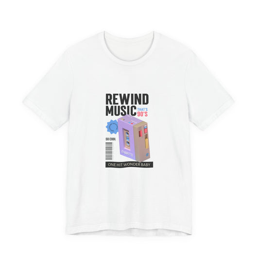 Rewind Music 90s cassette walkman t-shirt with retro one hit wonder design on a white unisex tee
