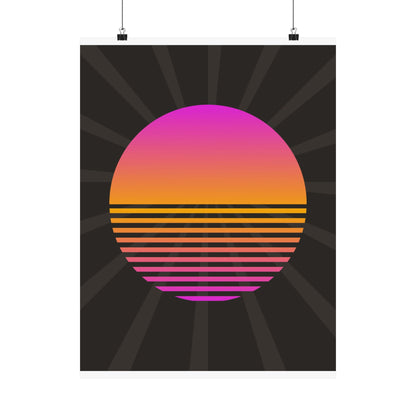 Sunset Grid synthwave sunset retro poster on charcoal sunburst ground
