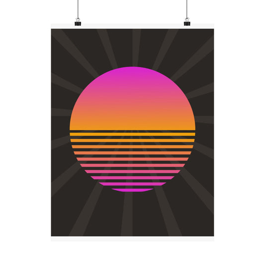 Sunset Grid synthwave sunset retro poster on charcoal sunburst ground