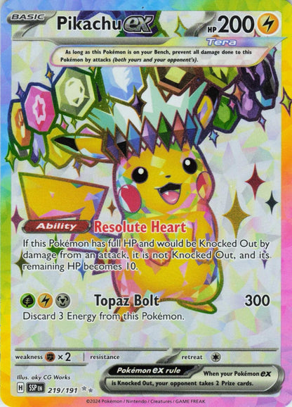 2024 POKEMON PIKACHU EX 219/191 ULTRA RARE SURGING SPARKS HOLO NEAR MINT
