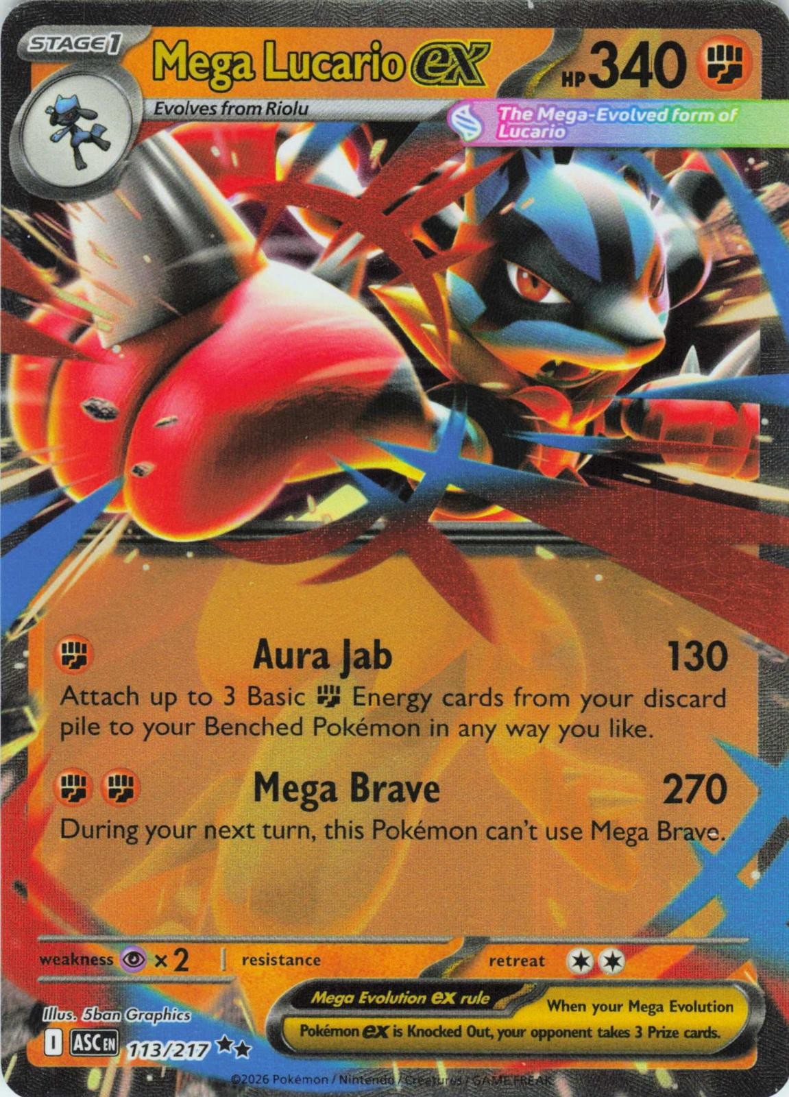 2026 POKEMON MEGA LUCARIO EX 113/217 DOUBLE RARE ASCENDED HEROES HOLO NEAR MINT
