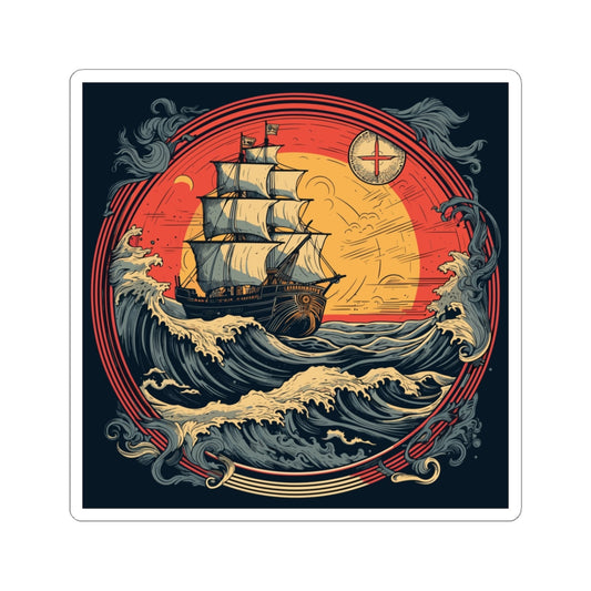 Tall Ship Storm retro vintage art square vinyl sticker with vintage nautical ship design