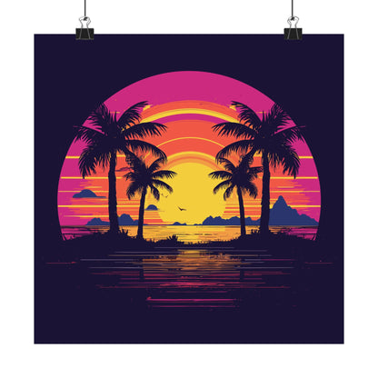 Neon Lagoon retro vintage art square matte art print with retro sunset palms design