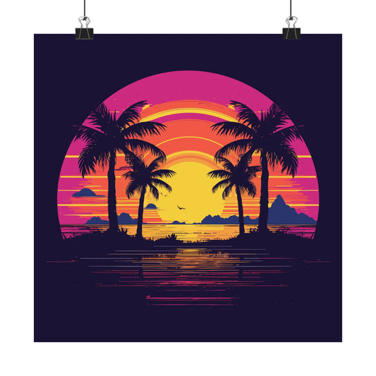 Neon Lagoon retro vintage art square matte art print with retro sunset palms design