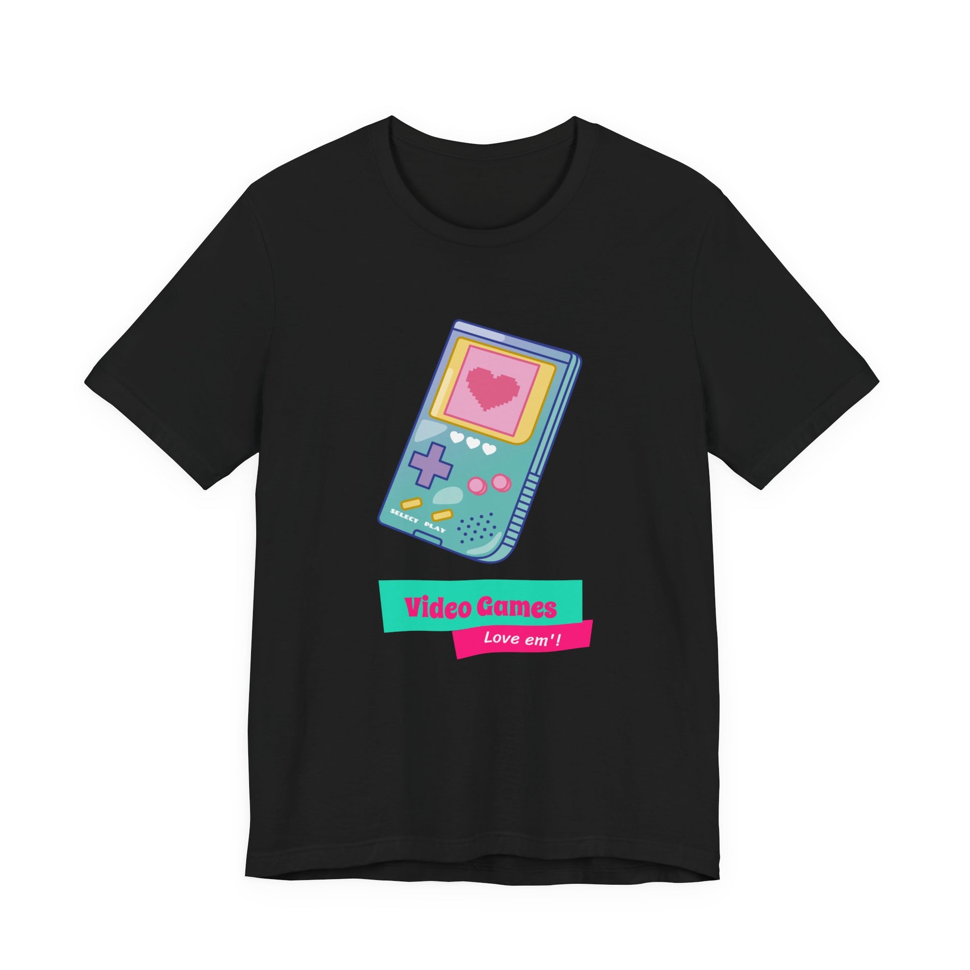 Video Games Love Em pastel retro handheld t-shirt with heart screen design on a black unisex tee