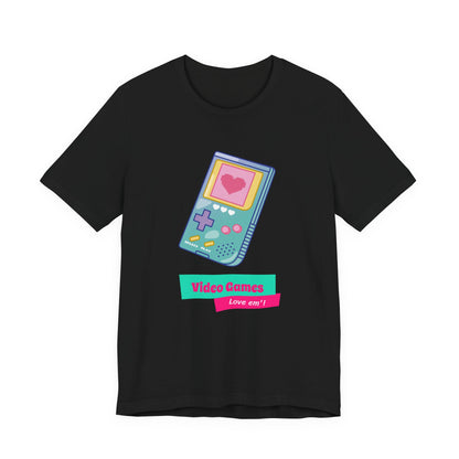 Video Games Love Em pastel retro handheld t-shirt with heart screen design on a black unisex tee