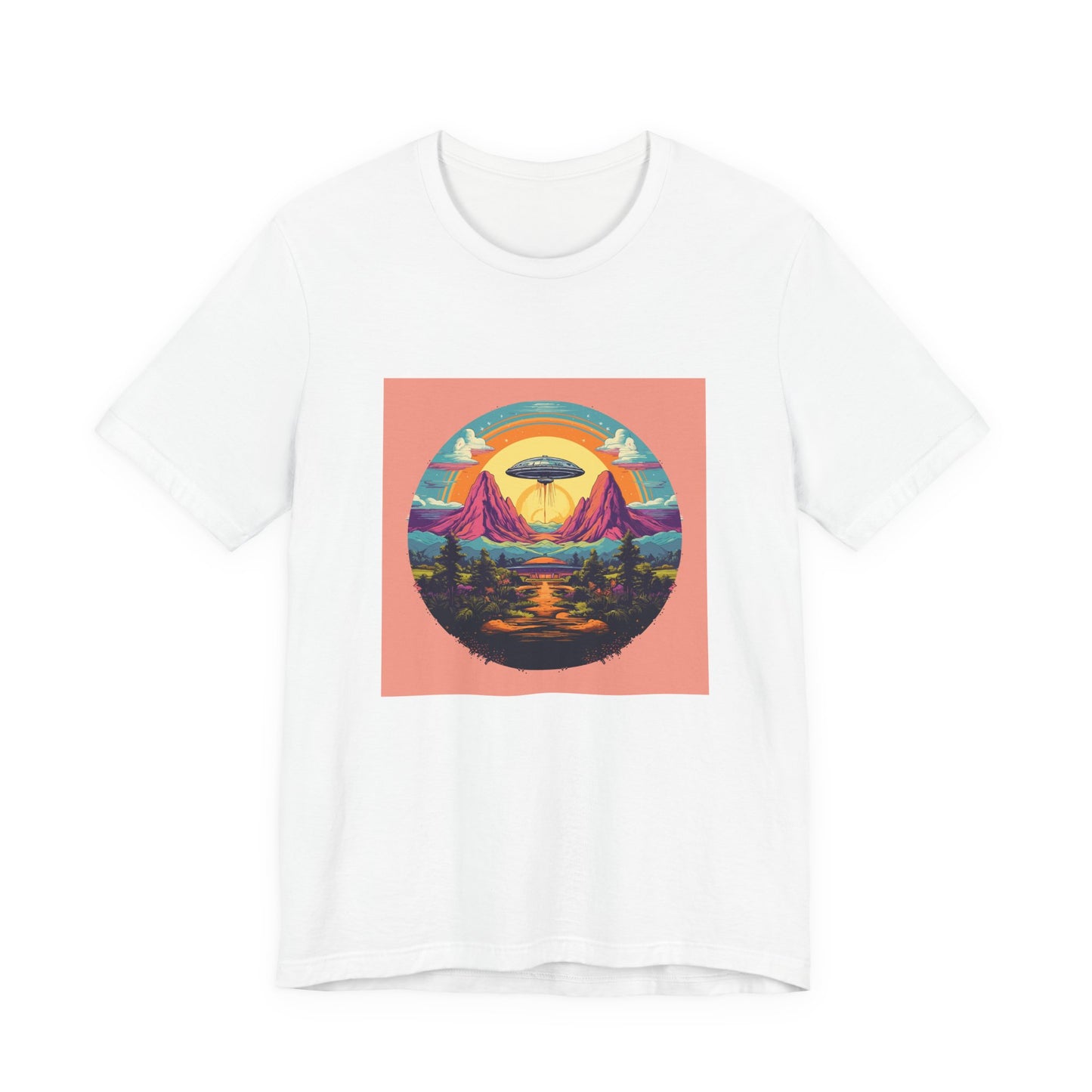 Rainbow Saucer retro vintage art unisex t-shirt with retro space age ufo design