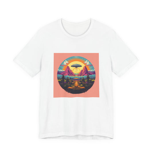 Rainbow Saucer retro vintage art unisex t-shirt with retro space age ufo design