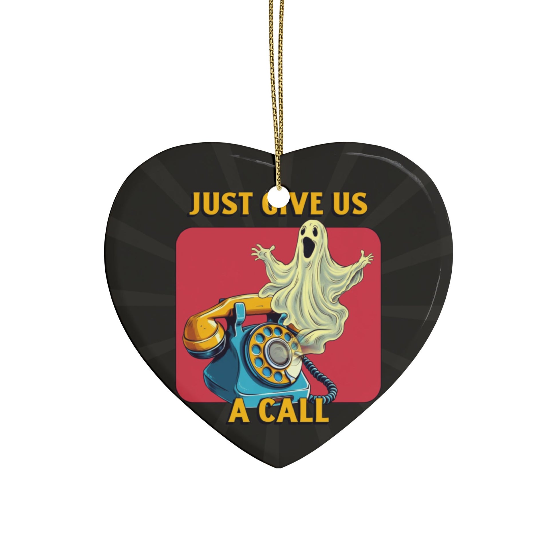Just Give Us a Call ceramic ornament with ribbon and retro print