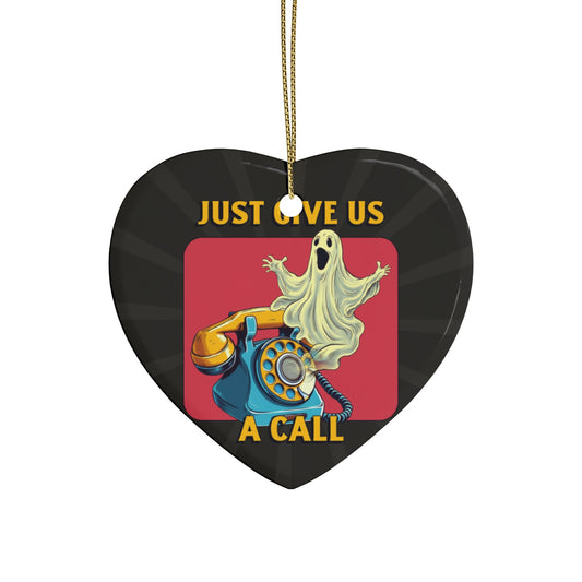 Just Give Us a Call ceramic ornament with ribbon and retro print