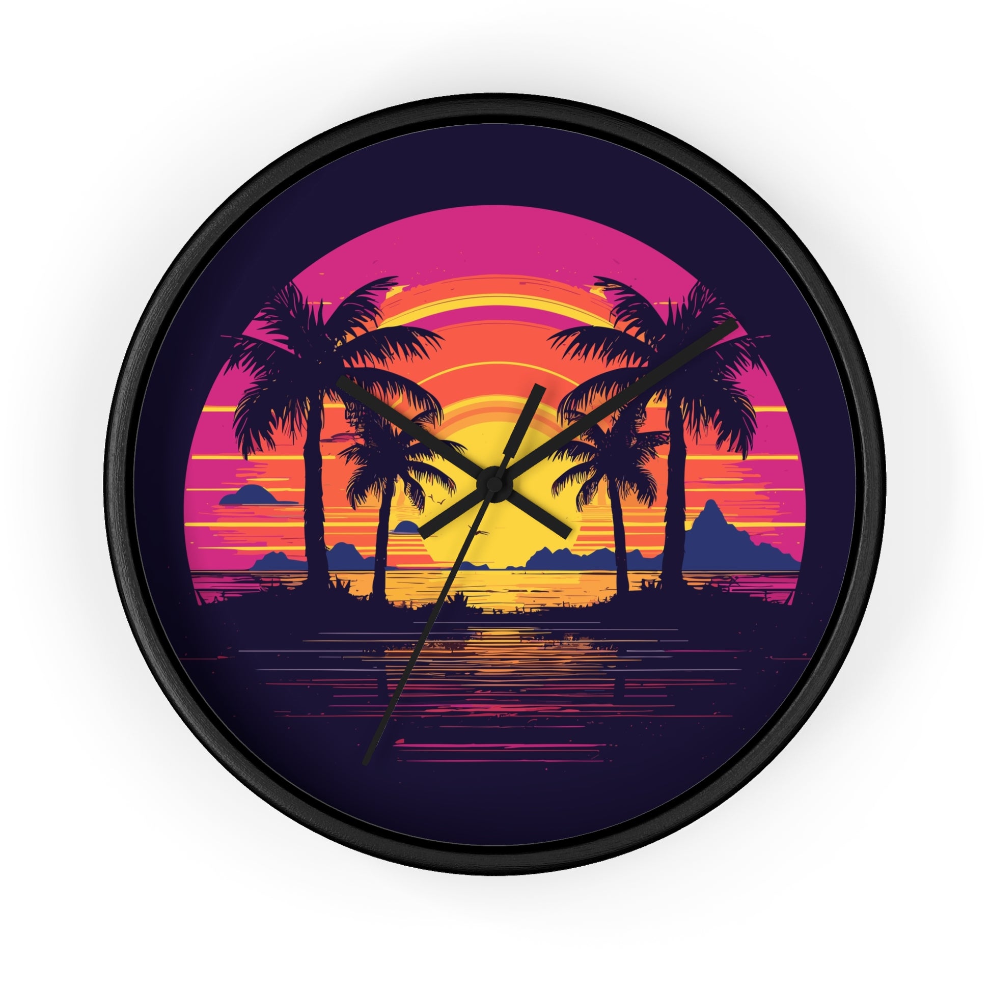 Neon Lagoon retro vintage art wall clock with retro sunset palms design