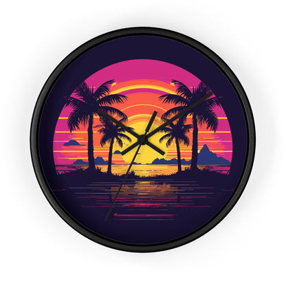 Neon Lagoon retro vintage art wall clock with retro sunset palms design