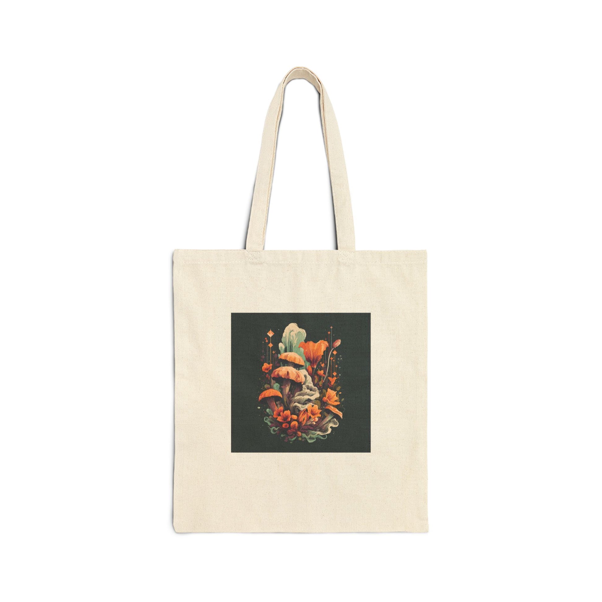 Midnight Garden retro vintage art natural canvas tote bag with vintage mushroom botanical design