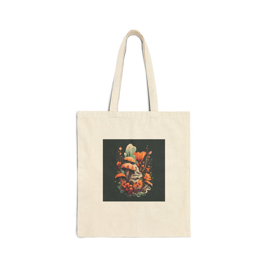 Midnight Garden retro vintage art natural canvas tote bag with vintage mushroom botanical design
