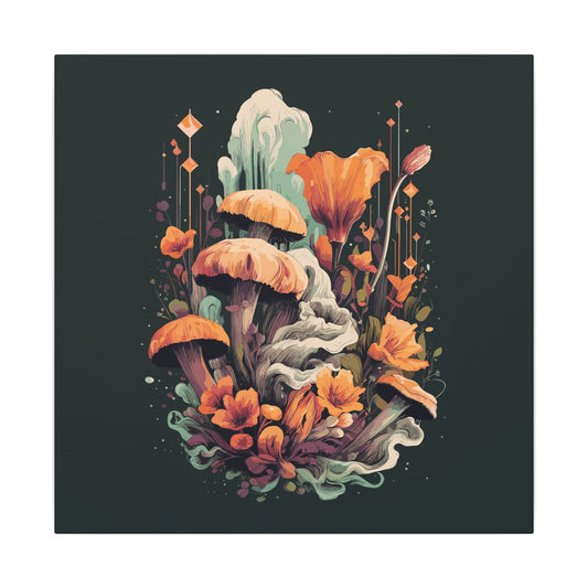 Midnight Garden retro vintage art gallery wrapped canvas print with vintage mushroom botanical design
